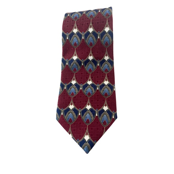 Boston Traders Other - Boston Traders Men's 100% Silk Necktie Burgundy Blue Geometric Pattern‎